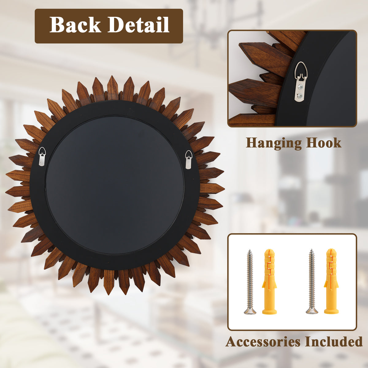BEAUTYPEAK 24" Round Wood Sunburst Wall Mirror Vanity Mirror Wall Mounted