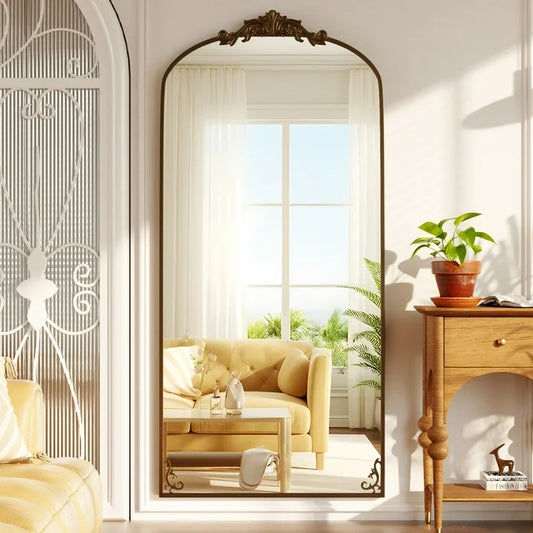 BEAUTYPEAK 74"x32" Full Length Mirror with Baroque Flower Head Design Wall-Mounted Mirror,Antique Bronze
