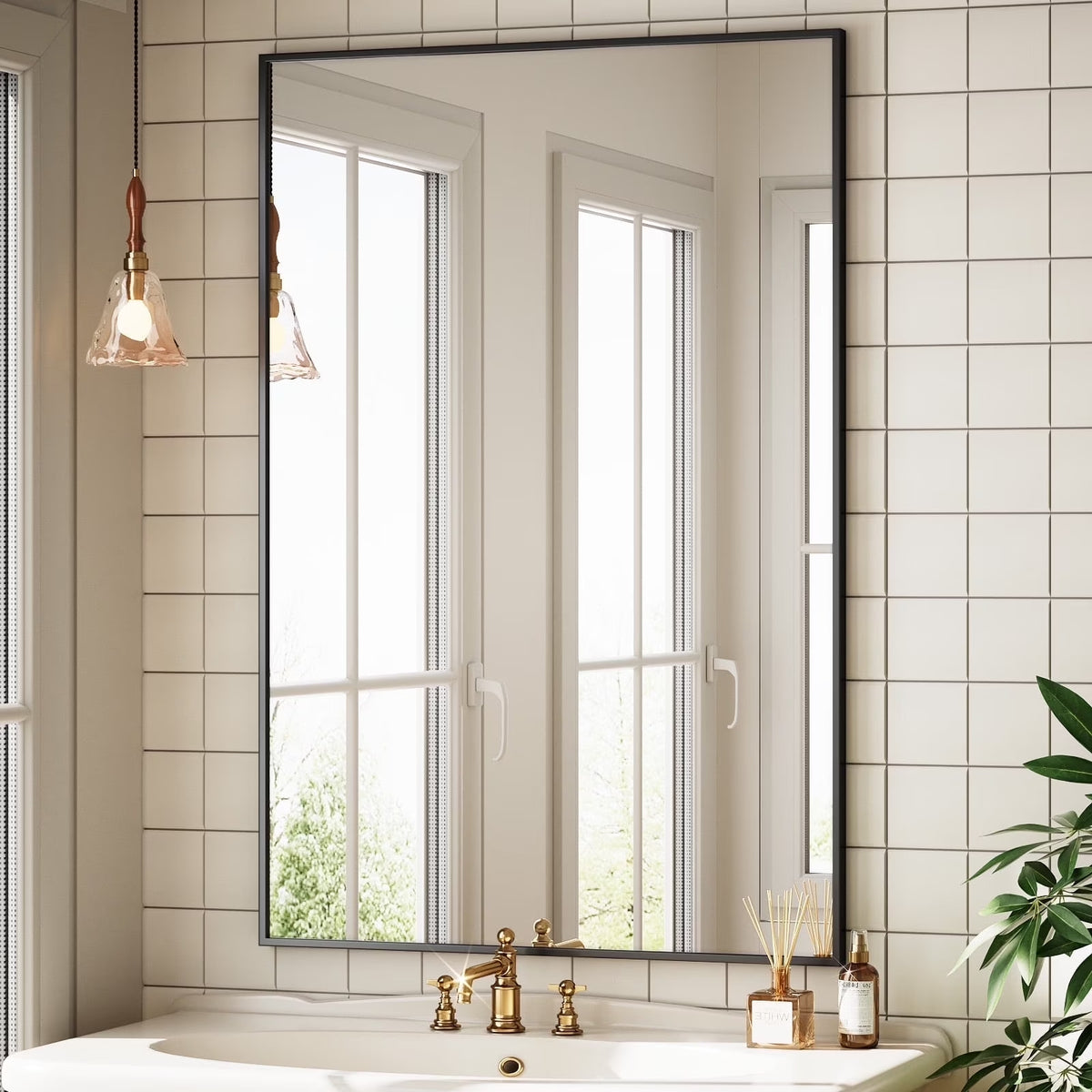 BEAUTYPEAK 38"x26" Bathroom Wall Mirror with Rectangular Metal Frame, Black