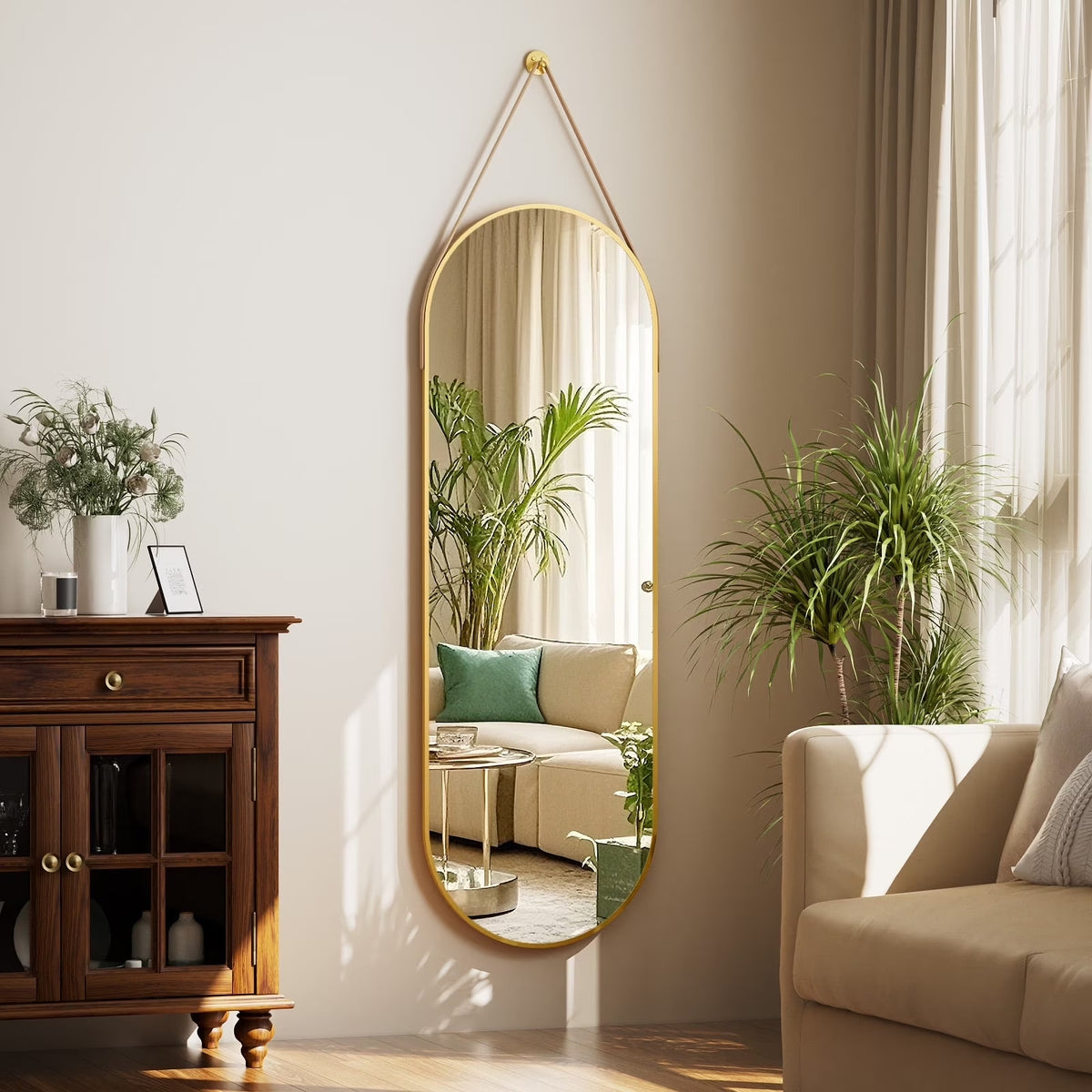 BEAUTYPEAK 48" x 16" Full Length Mirror Oval Hanging Wall Mirror with Leather Strap,Gold