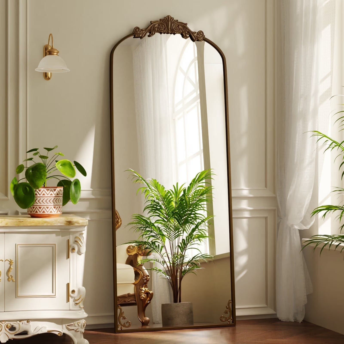 BEAUTYPEAK 72"x24" Full Length Mirror with Baroque Flower Head Design Wall-Mounted Mirror,Antique Bronze
