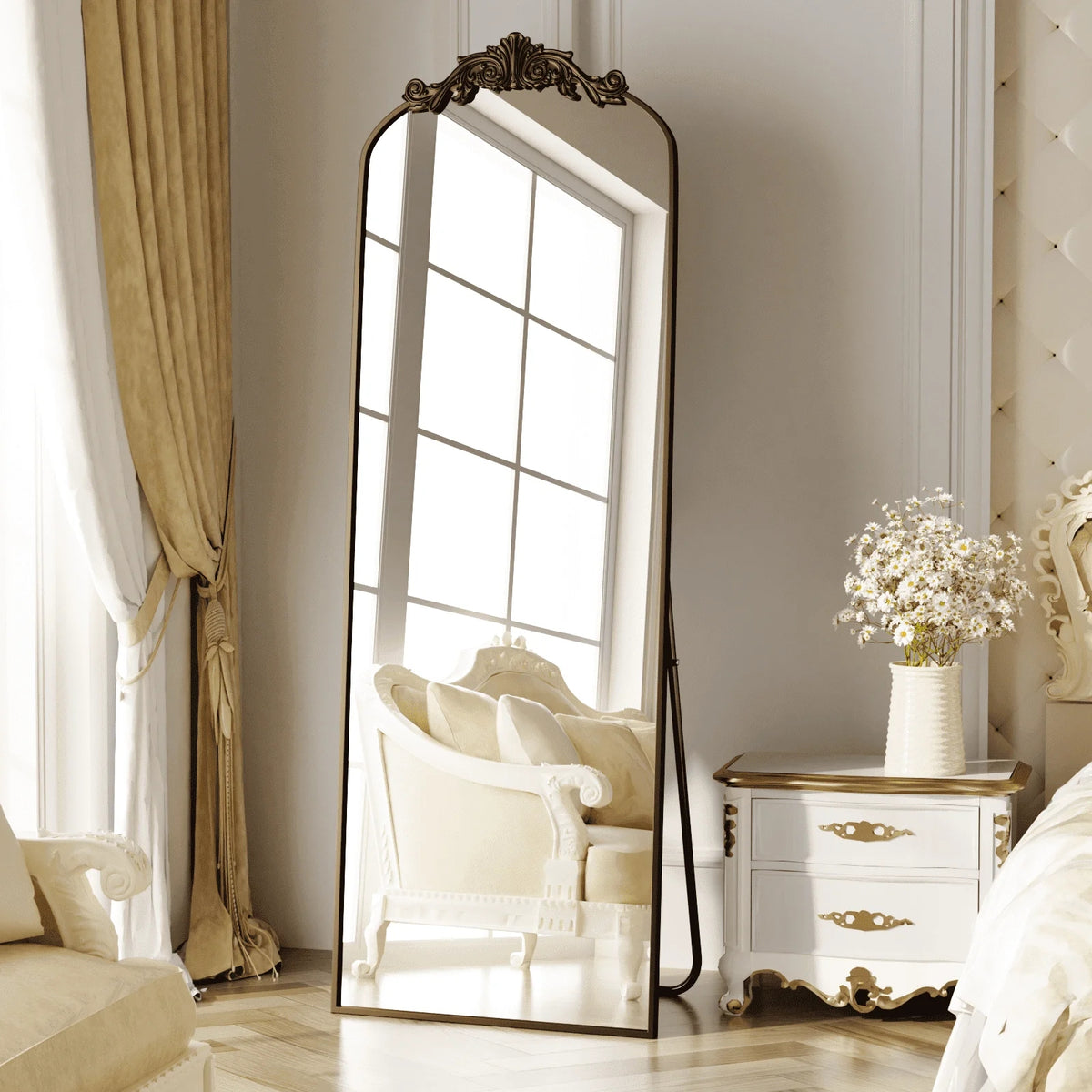 BEAUTYPEAK 66.1"x21.2" Full Length Mirror with Baroque Flower Head Design Wall-Mounted Mirror,Antique Bronze