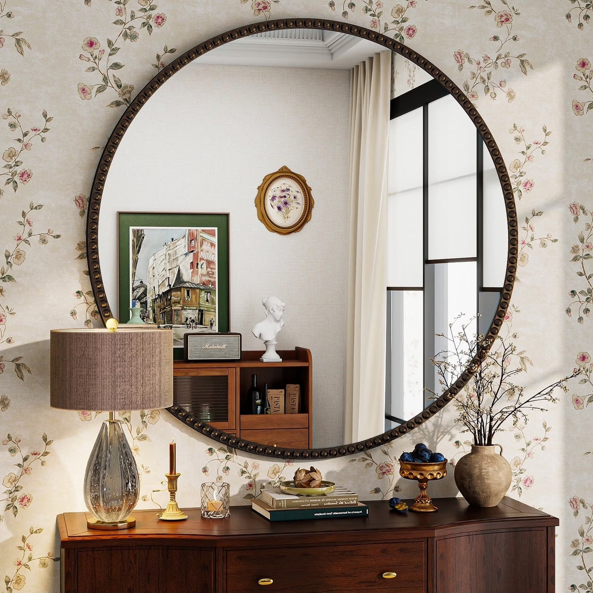 BEAUTYPEAK 32" Round Bathroom Mirror Vanity Mirror Wall Mounted With Beaded Frame,Antique Bronze
