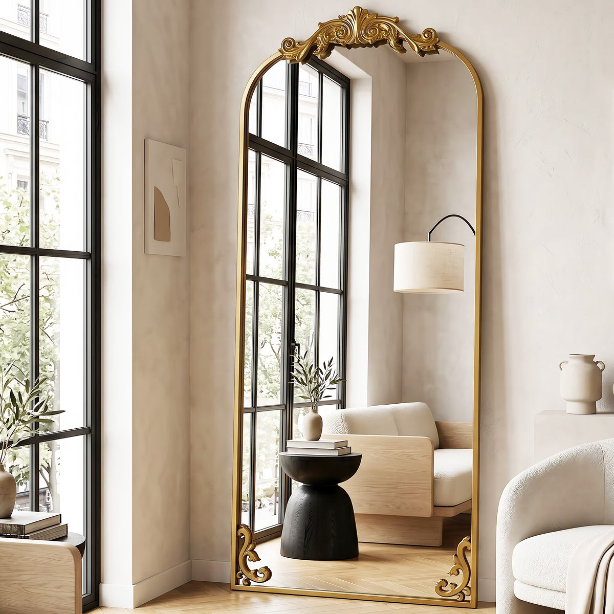 BEAUTYPEAK 74"x32" Full Length Mirror with Baroque Flower Head Design Wall-Mounted Mirror,Gold