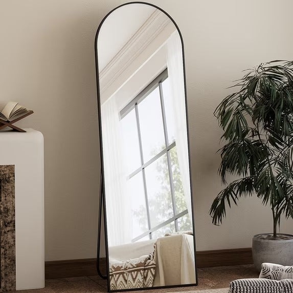 BEAUTYPEAK 58"x 18" Arched Full Length Mirror Wall Mounted Mirror with Free Standing Bracket, Black