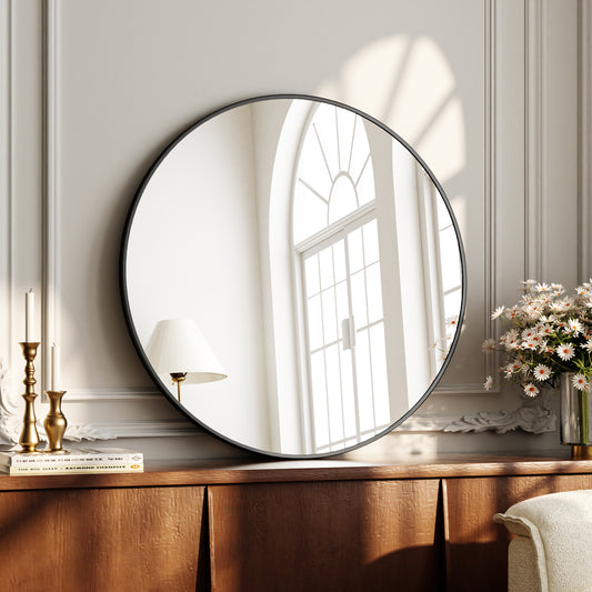 BEAUTYPEAK Round Aluminum Alloy Black Framed Wall Mirror