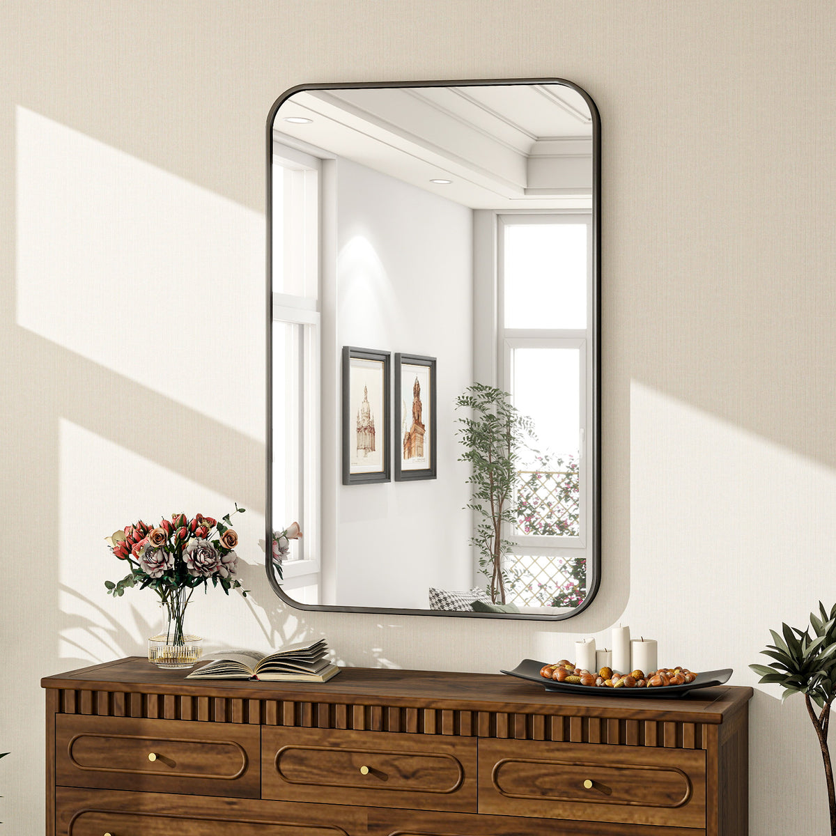 BEAUTYPEAK 24"x 36" Rounded Corners Aluminum Alloy Black Framed Wall Mirror