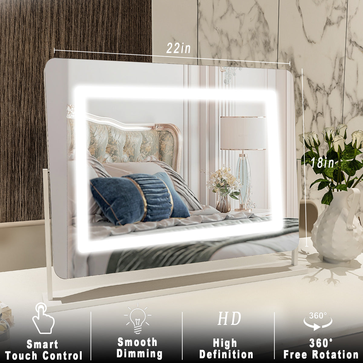 BEAUTYPEAK Hollywood Vanity Mirror Rectangular Mirror with LED, White