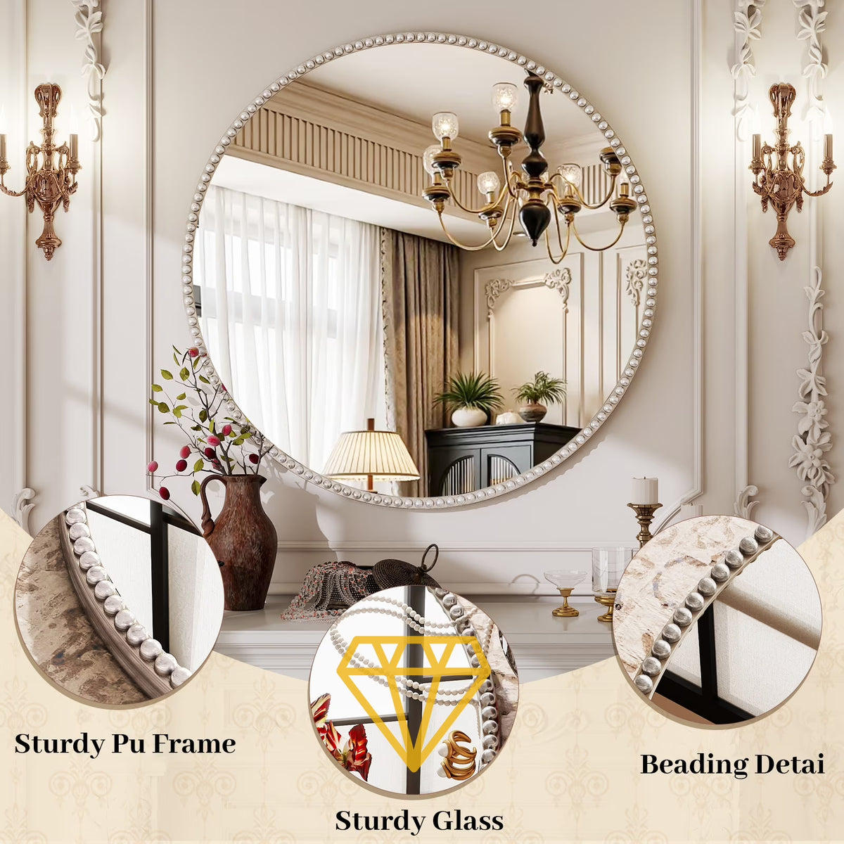 BEAUTYPEAK 32" Round Bathroom Mirror Vanity Mirror Wall Mounted With Beaded Frame,Silver
