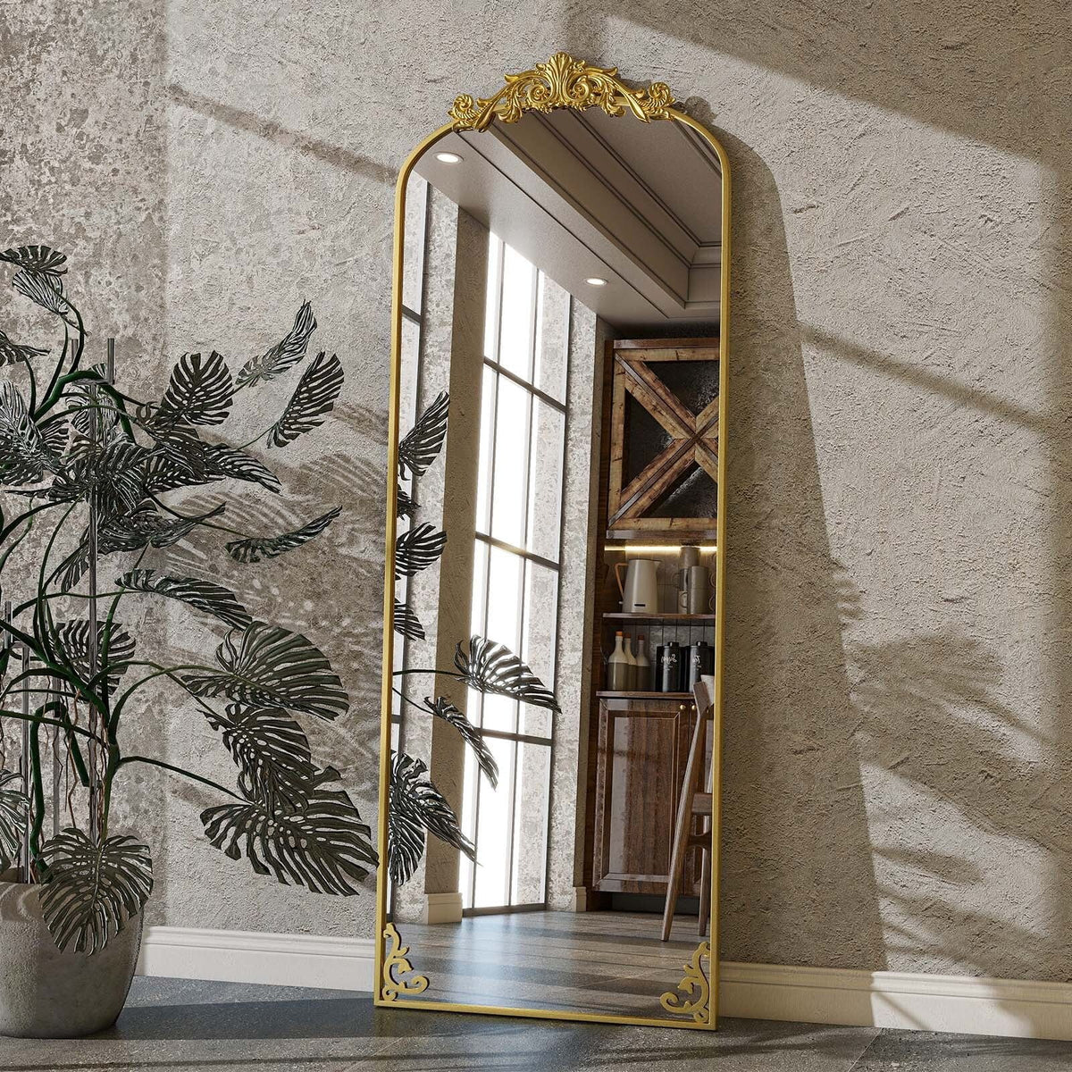 BEAUTYPEAK 21"x64" Full Length Mirror with Baroque Flower Head Design Wall-Mounted Mirror