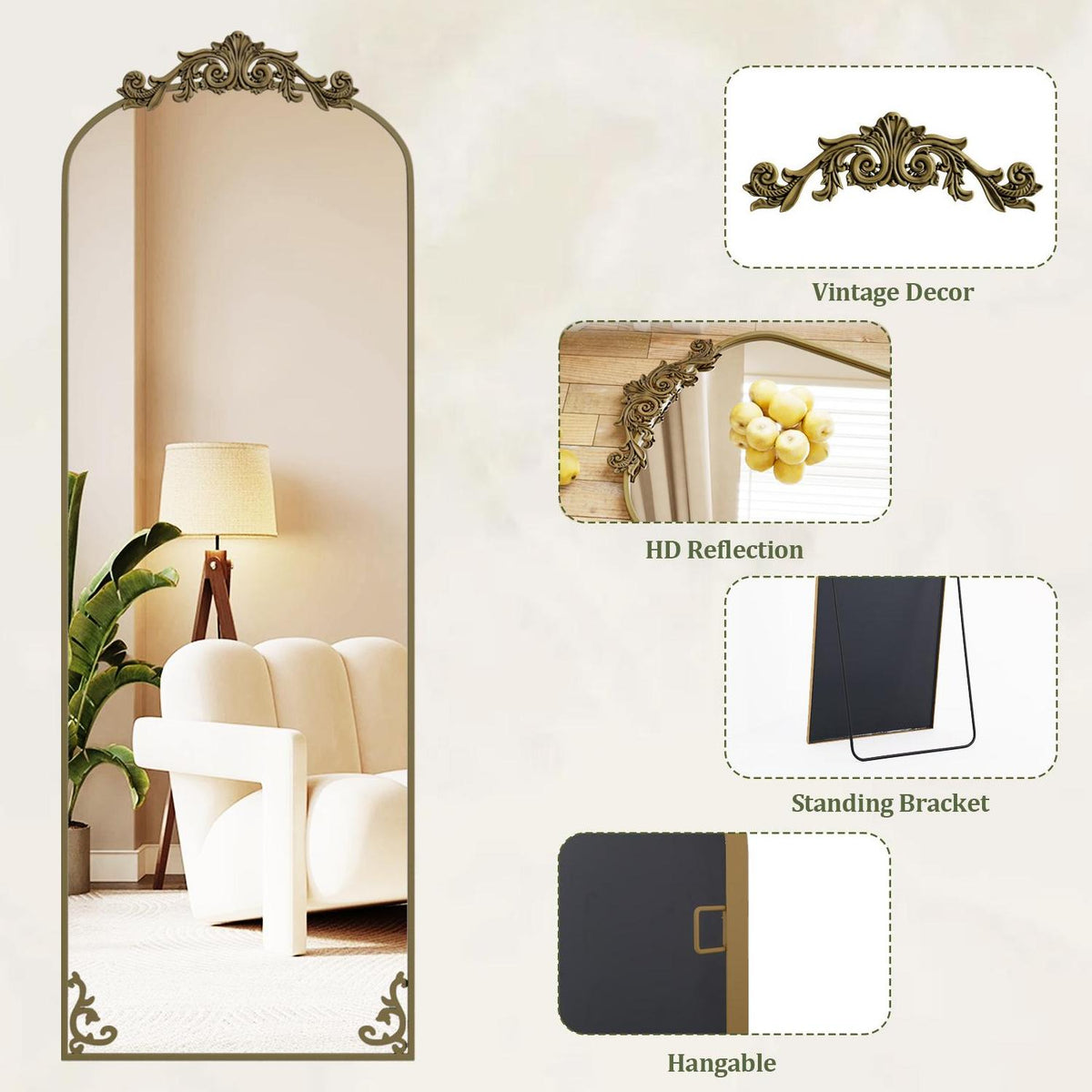 BEAUTYPEAK 70"x24" Full Length Mirror with Baroque Flower Head Design Wall-Mounted Mirror