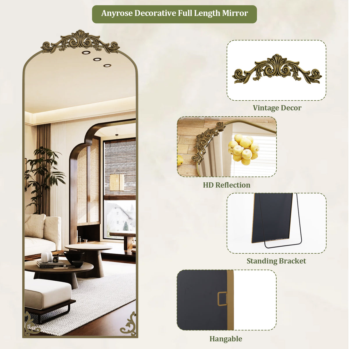 BEAUTYPEAK Full Length Mirror with Baroque Flower Head Design Wall-Mounted Mirror,Bronze
