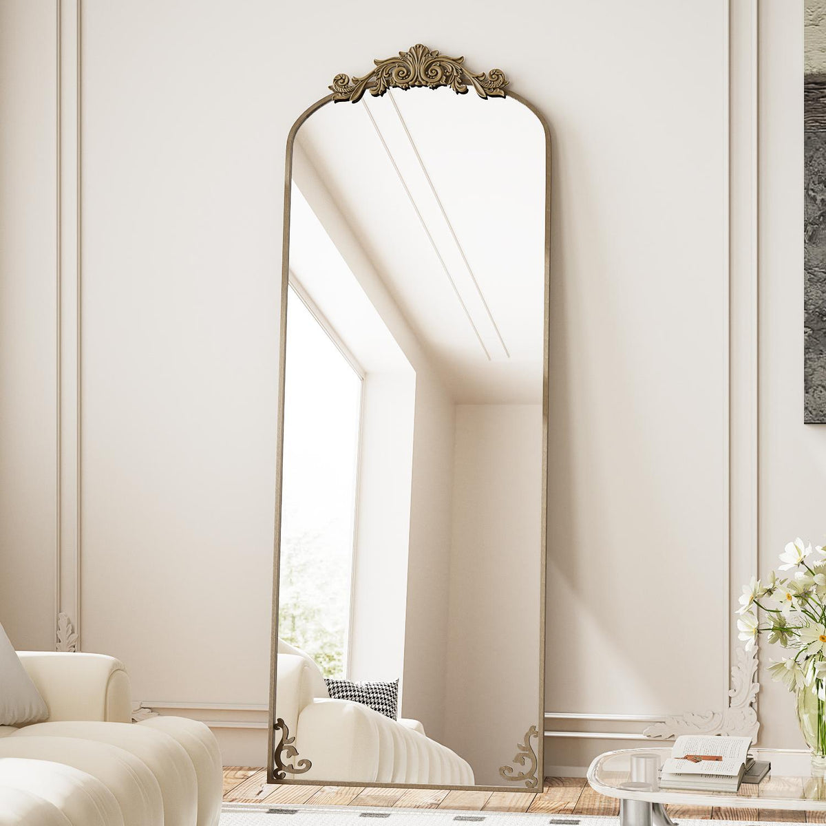 BEAUTYPEAK 70"x24" Full Length Mirror with Baroque Flower Head Design Wall-Mounted Mirror