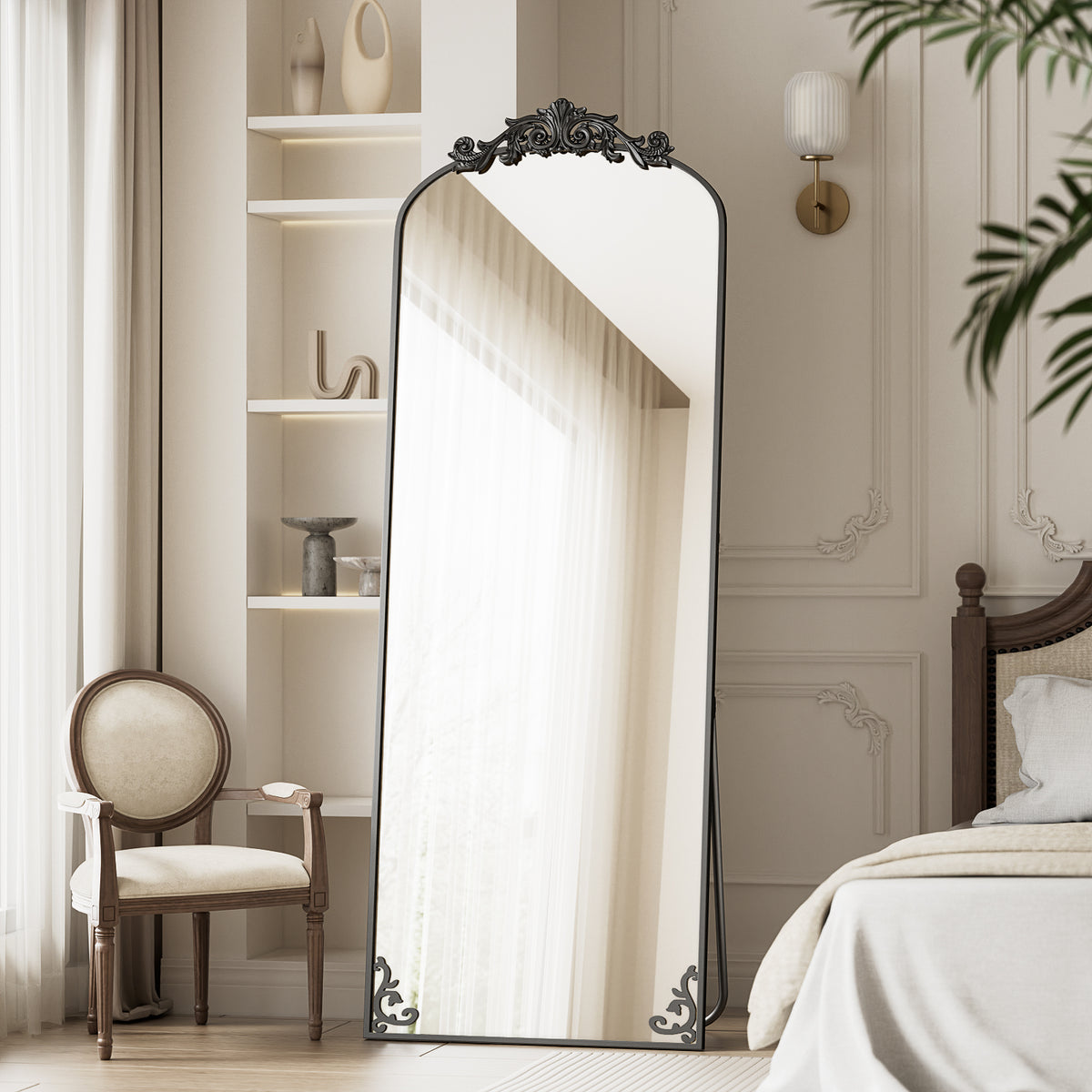 BEAUTYPEAK 70"x24" Full Length Mirror with Baroque Flower Head Design Wall-Mounted Mirror