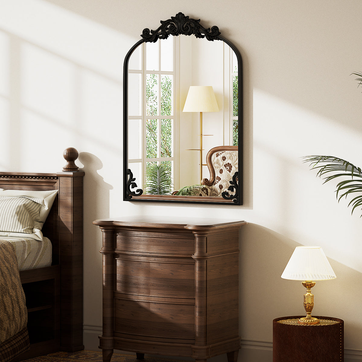 BEAUTYPEAK Metal Arch Bathroom Mirror with Baroque Flower Wall Mounted