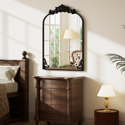 BEAUTYPEAK Metal Arch Bathroom Mirror with Baroque Flower Wall Mounted