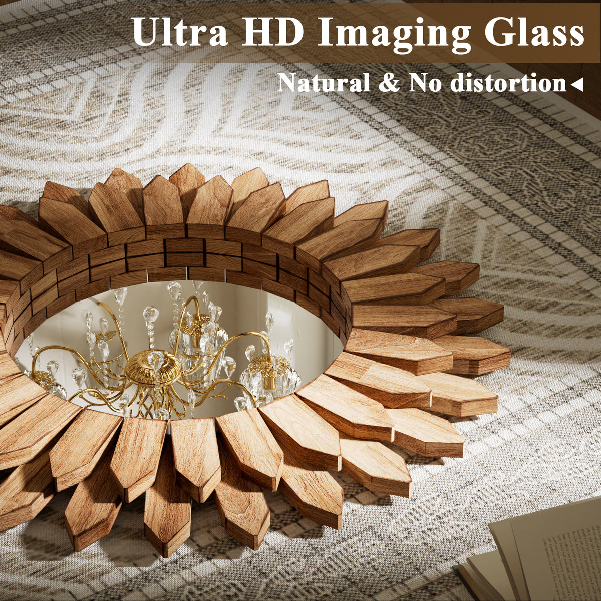 BEAUTYPEAK 24" Round Wood Sunburst Wall Mirror Vanity Mirror Wall Mounted