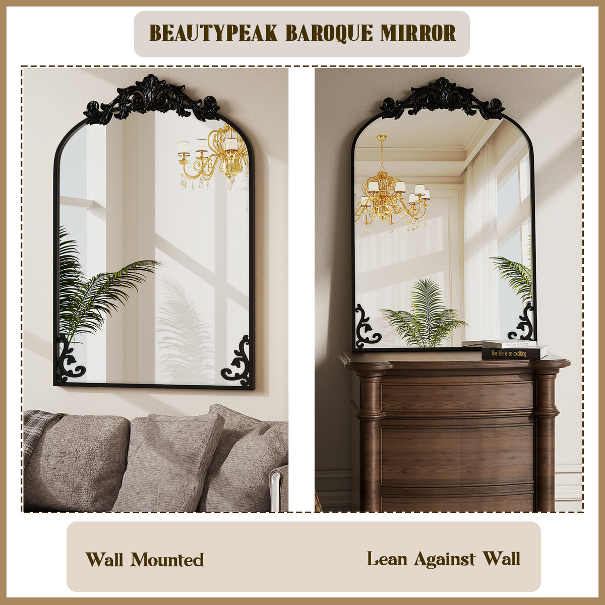 BEAUTYPEAK Metal Arch Bathroom Mirror with Baroque Flower Wall Mounted