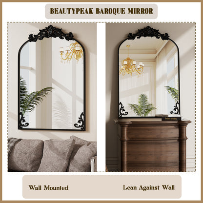 BEAUTYPEAK Metal Arch Bathroom Mirror with Baroque Flower Wall Mounted