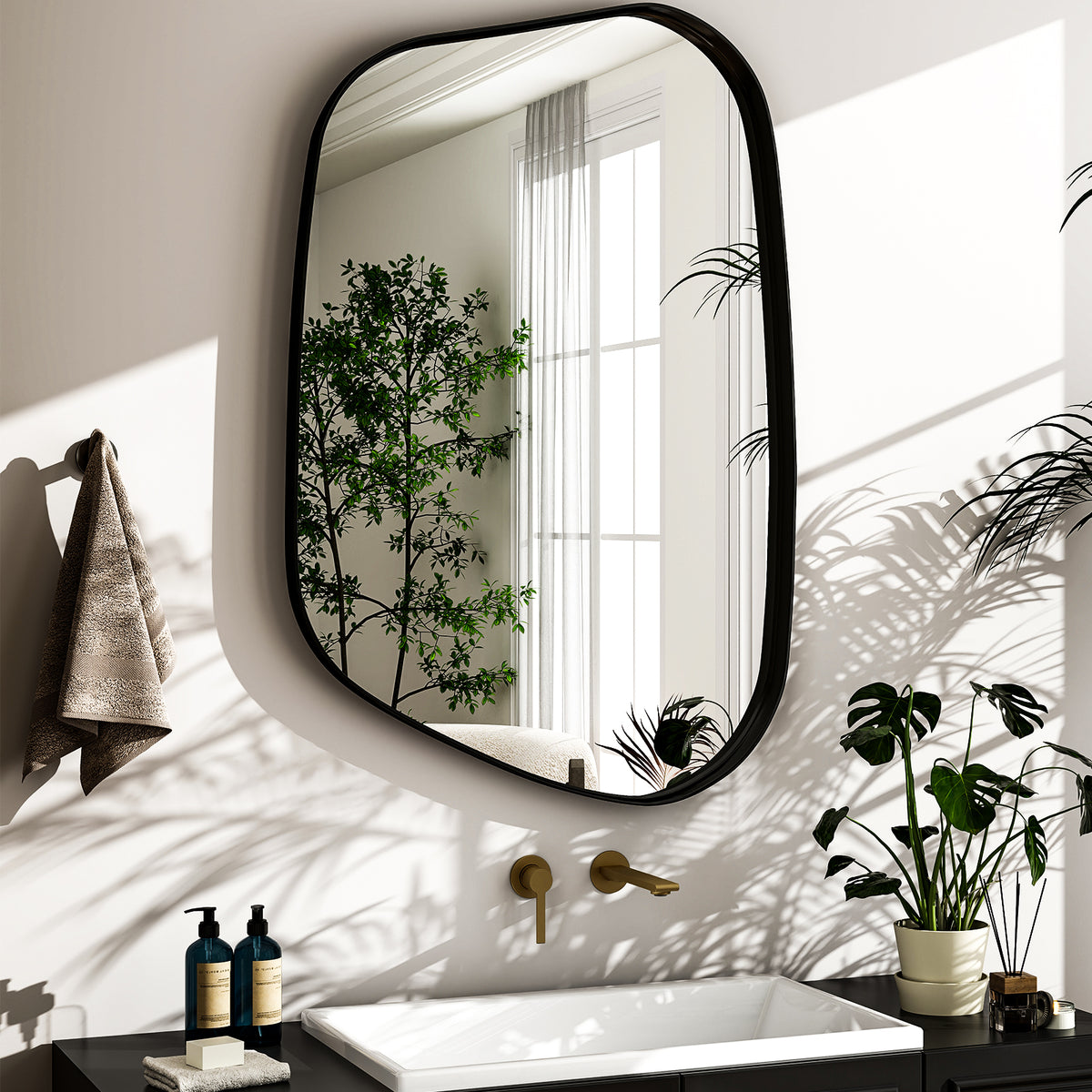 BEAUTYPEAK 30"x 22" Irregular Bathroom Mirror Asymmetrical Mirror Wall Mounted Deep Frame