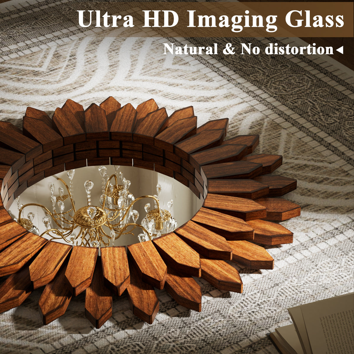BEAUTYPEAK 24" Round Wood Sunburst Wall Mirror Vanity Mirror Wall Mounted