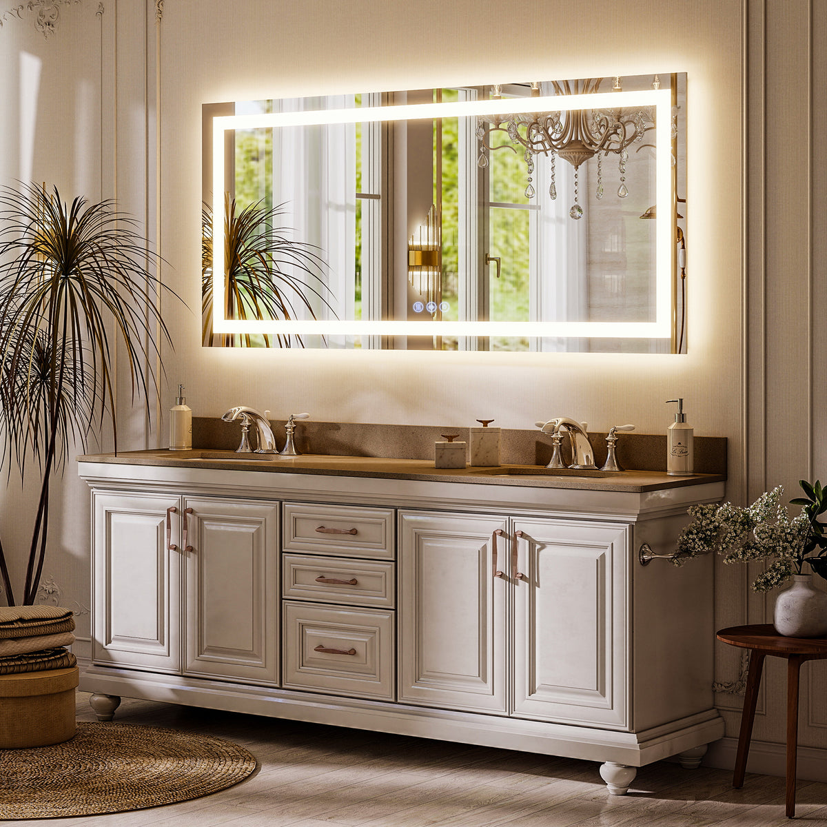 BEAUTYPEAK Modern Frameless LED Bathroom Mirror, Rectangular Design with Anti-Fog