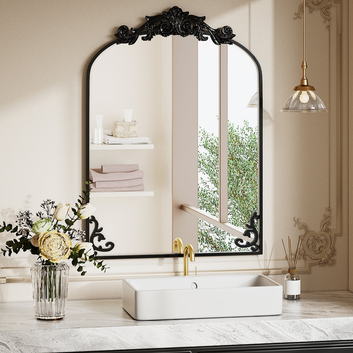 BEAUTYPEAK Metal Arch Bathroom Mirror with Baroque Flower Wall Mounted