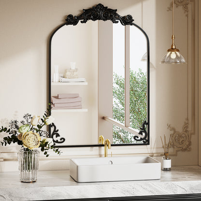 BEAUTYPEAK Metal Arch Bathroom Mirror with Baroque Flower Wall Mounted