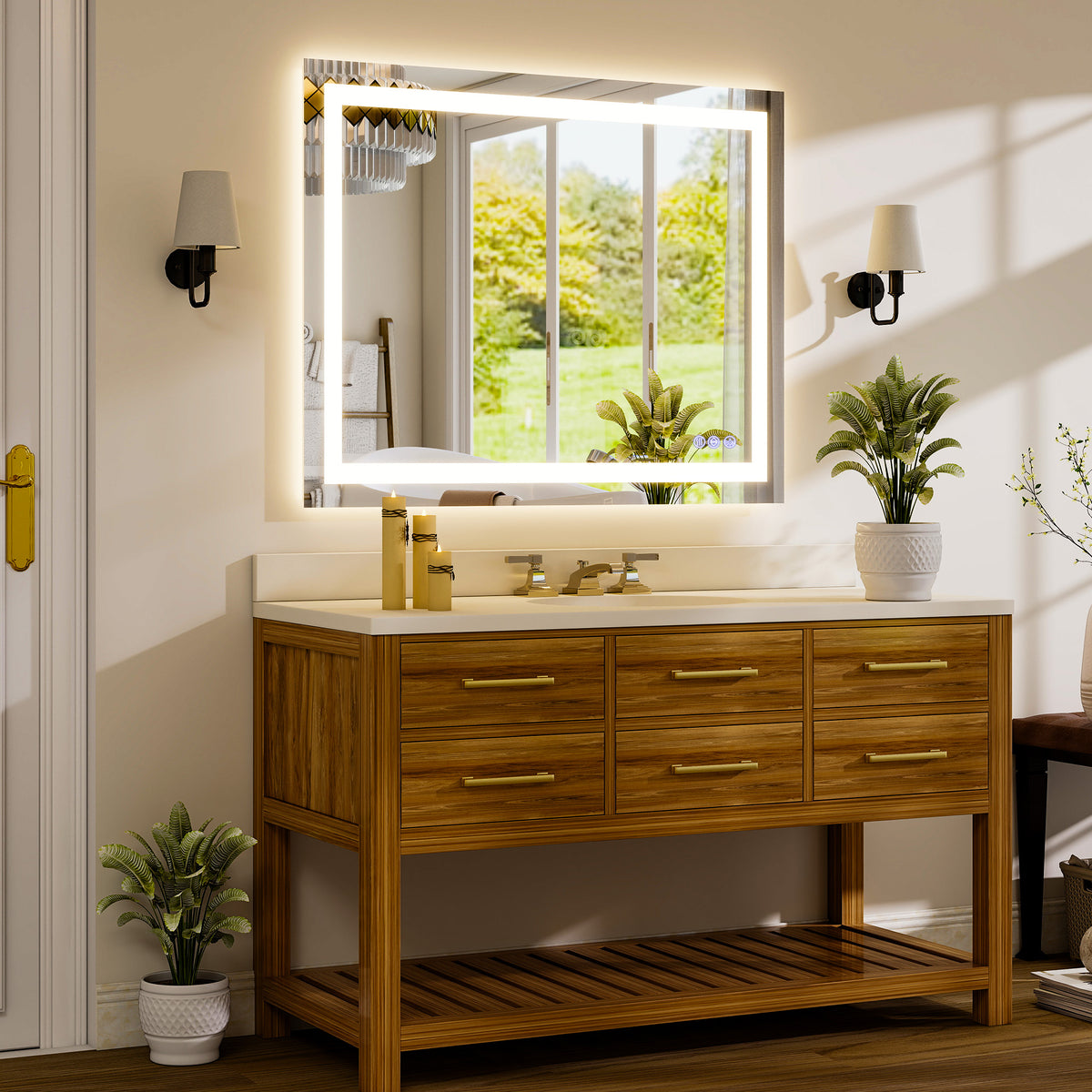 BEAUTYPEAK Modern Frameless LED Bathroom Mirror, Rectangular Design with Anti-Fog