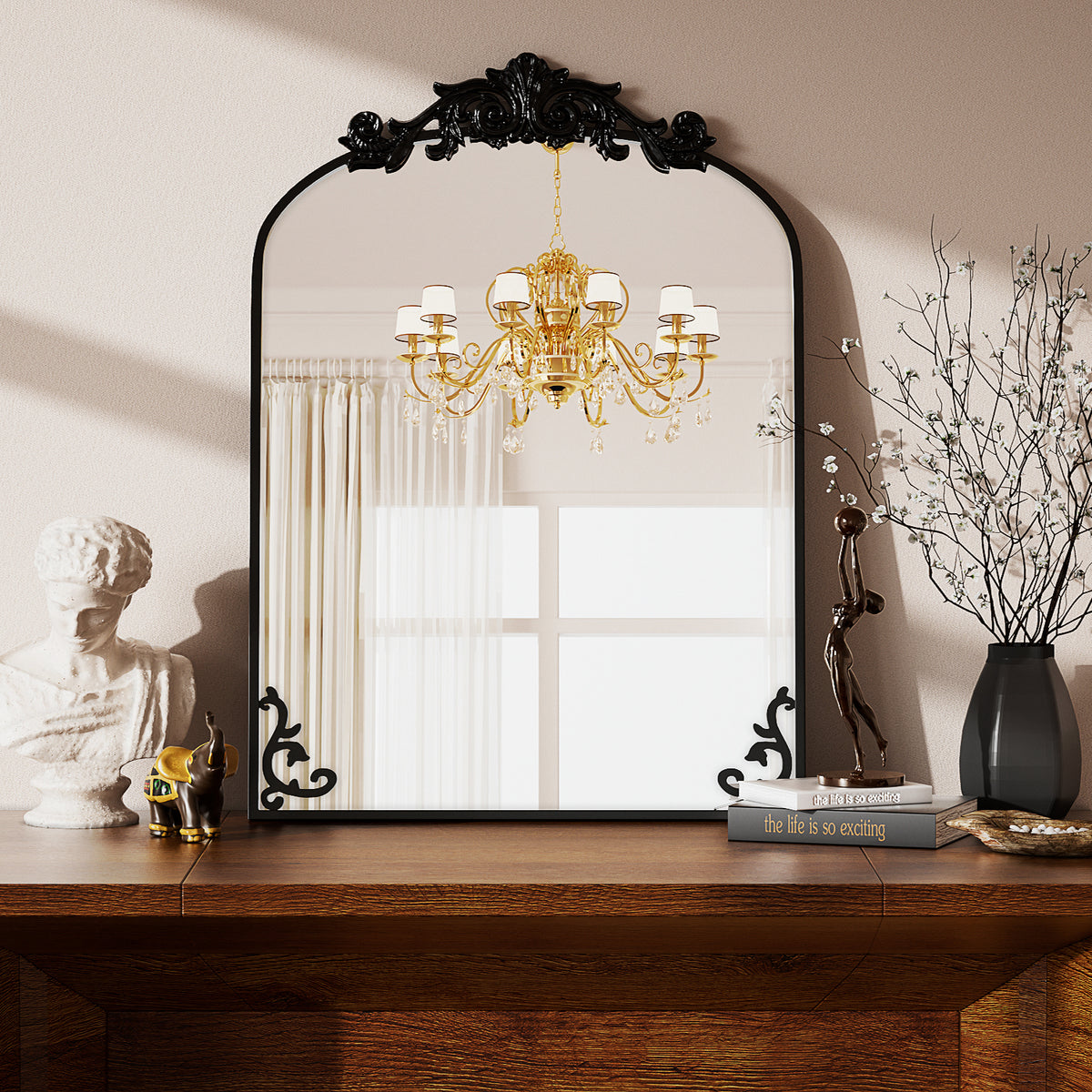 BEAUTYPEAK Metal Arch Bathroom Mirror with Baroque Flower Wall Mounted