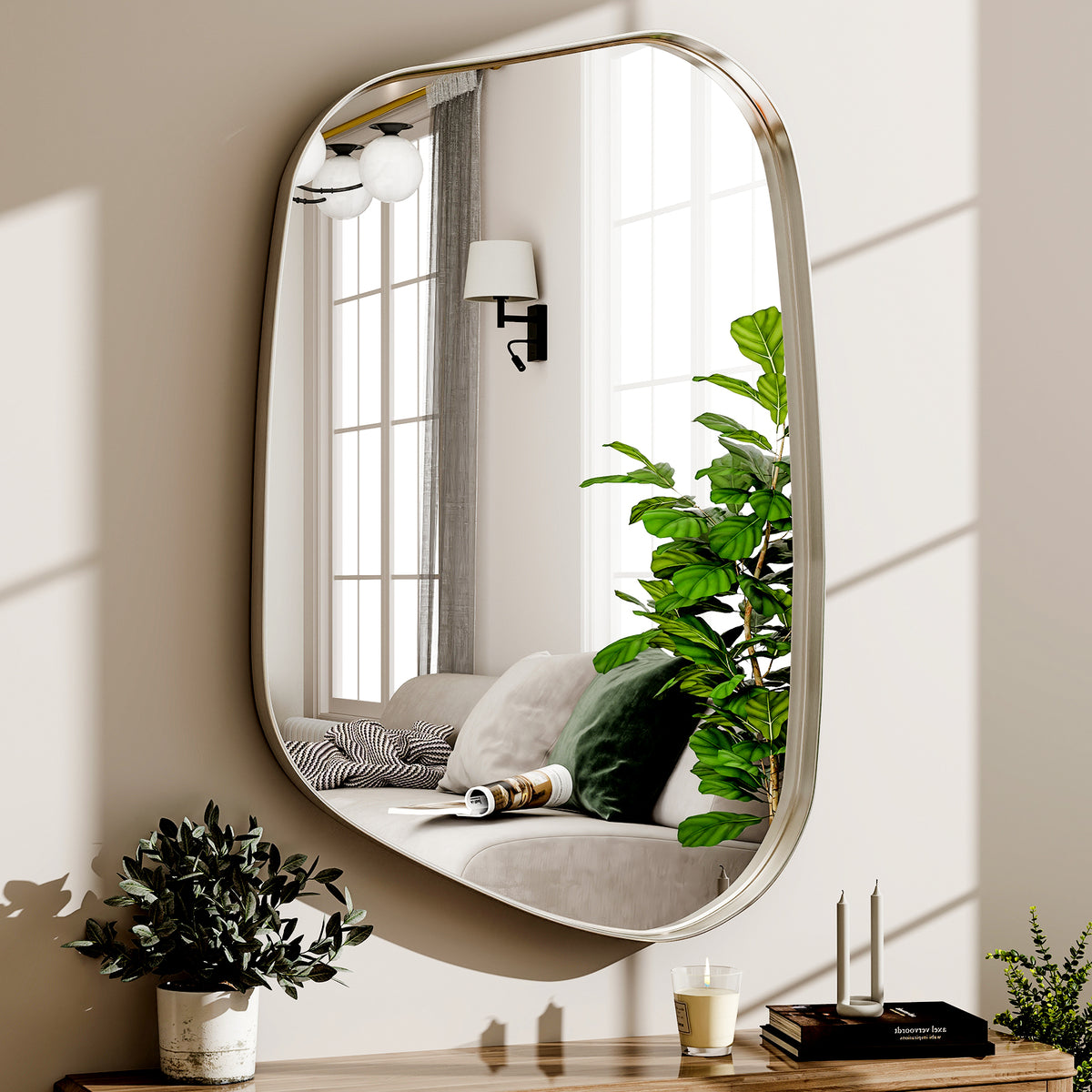 BEAUTYPEAK 30"x 22" Irregular Bathroom Mirror Asymmetrical Mirror Wall Mounted Deep Frame