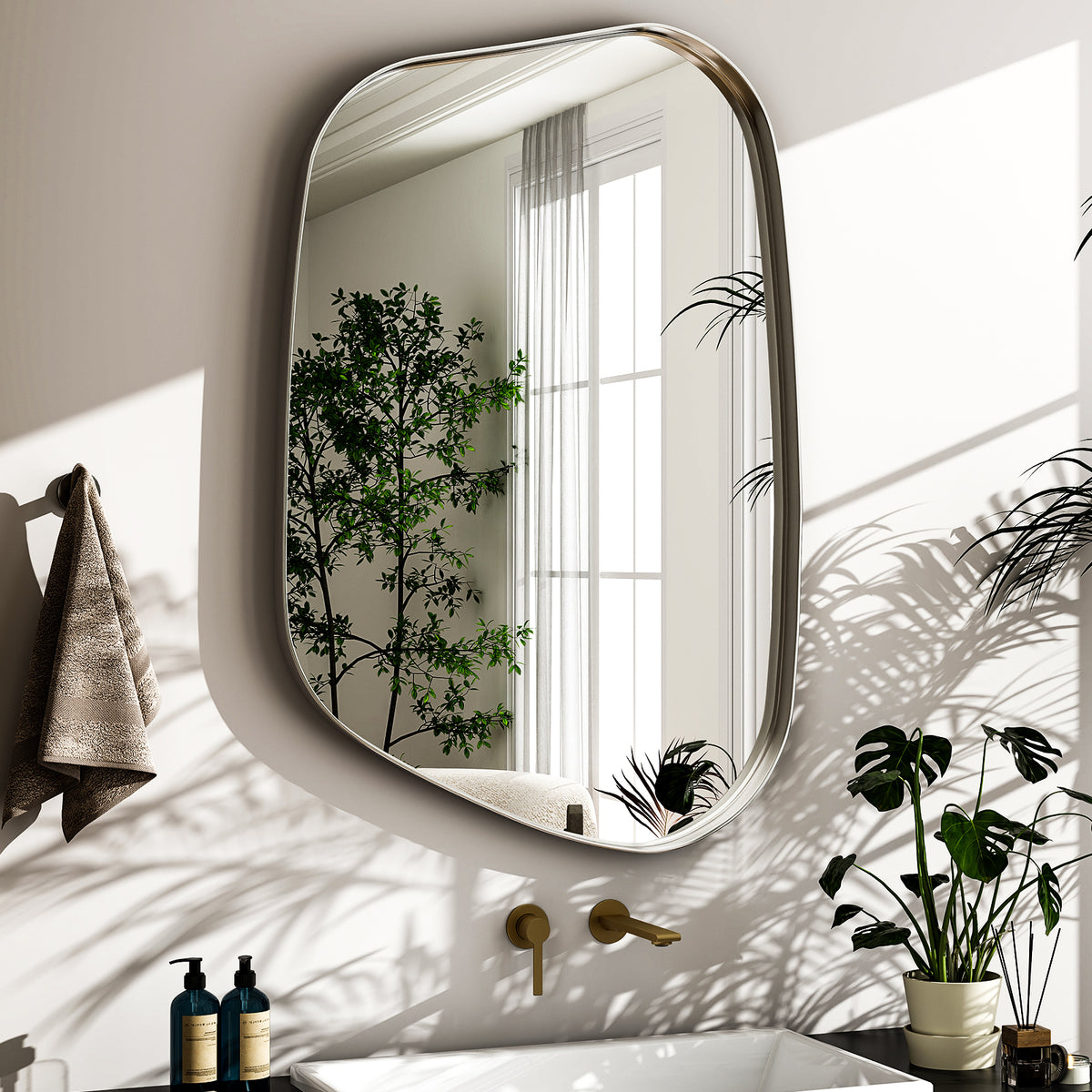 BEAUTYPEAK 30"x 22" Irregular Bathroom Mirror Asymmetrical Mirror Wall Mounted Deep Frame
