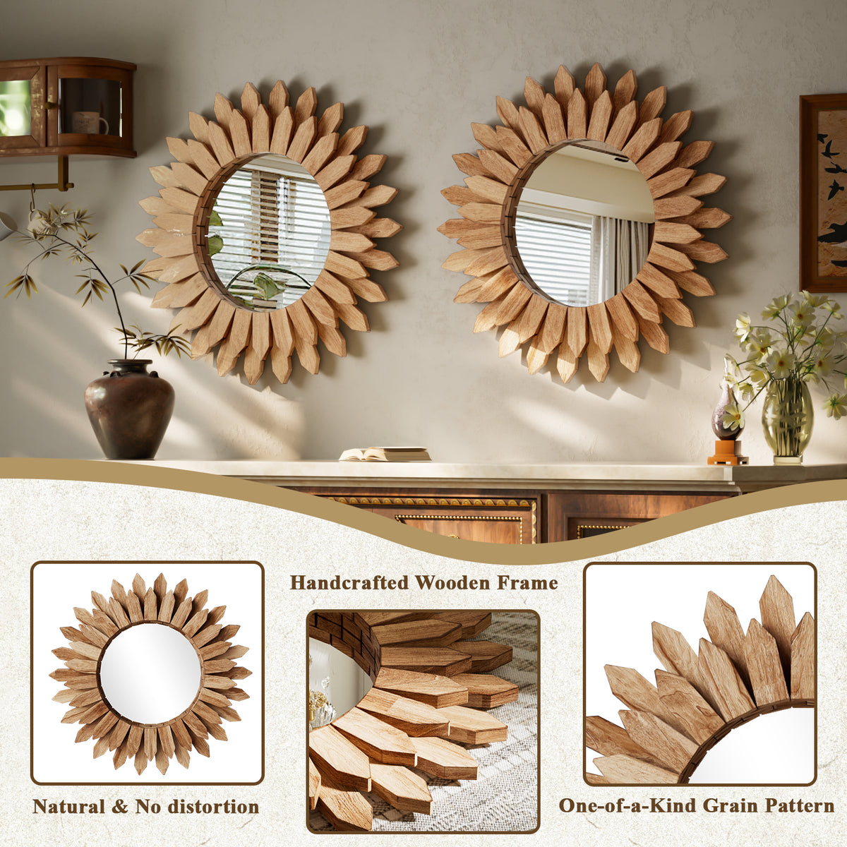 BEAUTYPEAK 24" Round Wood Sunburst Wall Mirror Vanity Mirror Wall Mounted