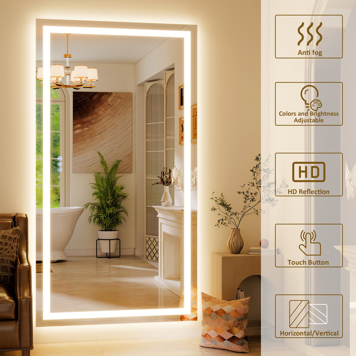 BEAUTYPEAK Modern Frameless LED Bathroom Mirror, Rectangular Design with Anti-Fog