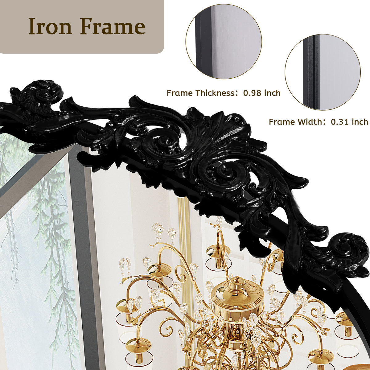 BEAUTYPEAK Metal Arch Bathroom Mirror with Baroque Flower Wall Mounted