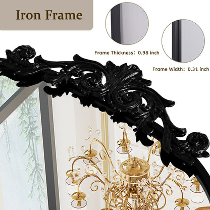 BEAUTYPEAK Metal Arch Bathroom Mirror with Baroque Flower Wall Mounted