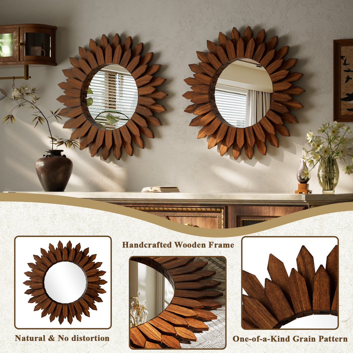 BEAUTYPEAK 24" Round Wood Sunburst Wall Mirror Vanity Mirror Wall Mounted