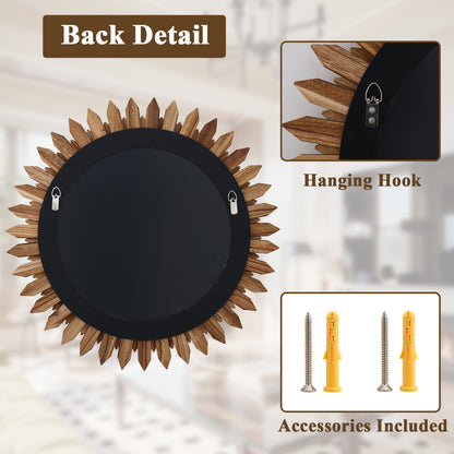 BEAUTYPEAK 24" Round Wood Sunburst Wall Mirror Vanity Mirror Wall Mounted