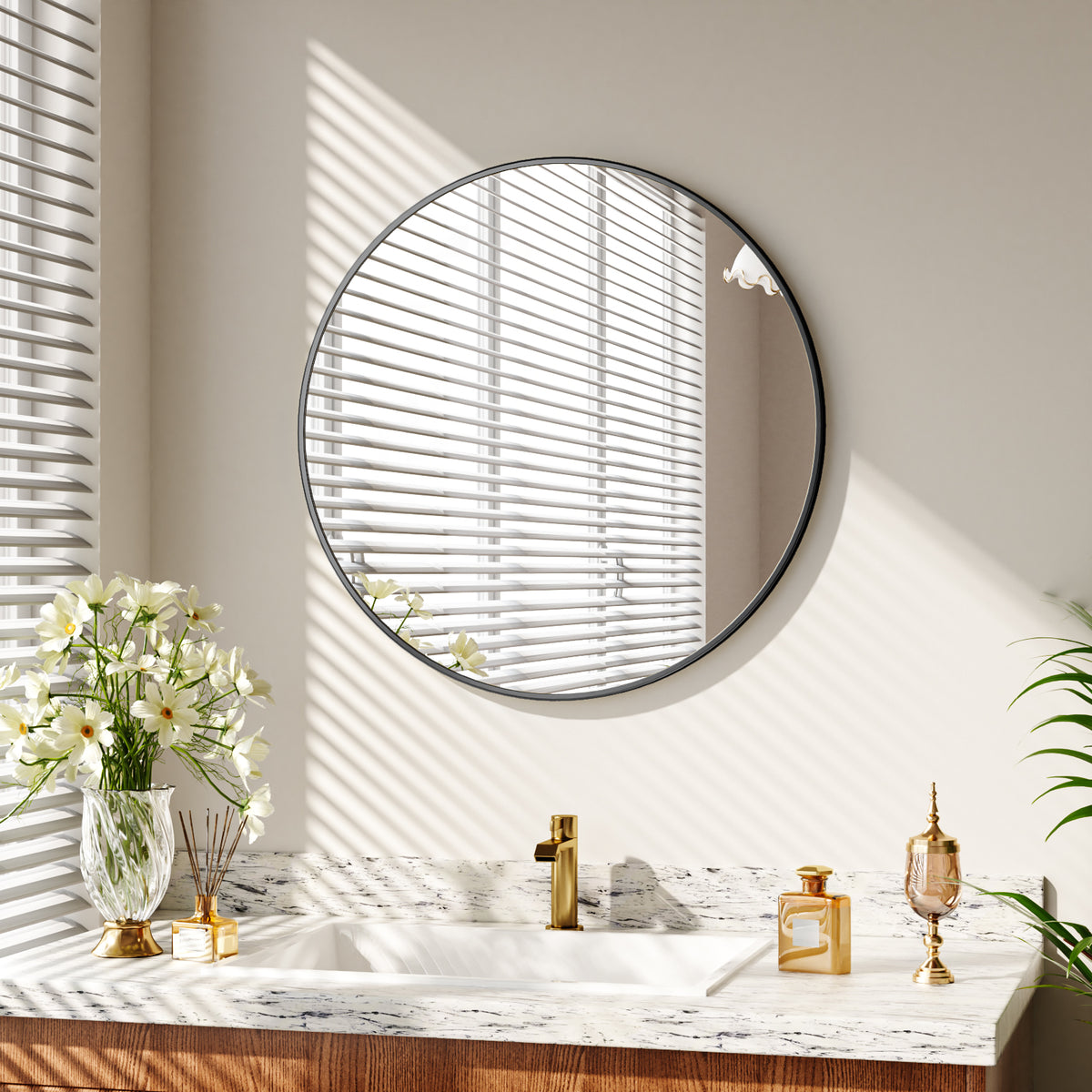 BEAUTYPEAK  Round Aluminum Alloy Black Framed Wall Mirror