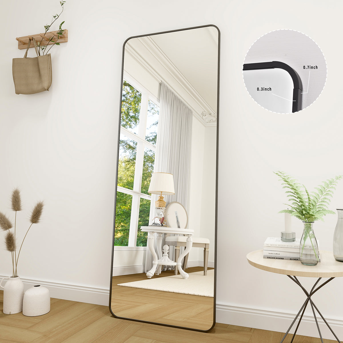 BEAUTYPEAK Rectangle Rounded Standing Full Length Mirror Floor, Black