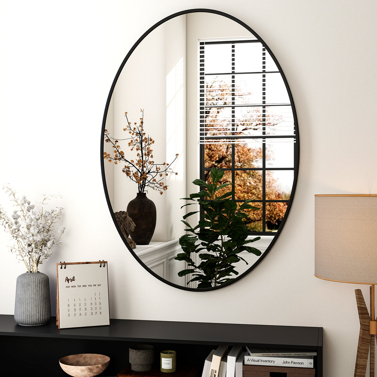 BEAUTYPEAK 24''x 36''Oval Black Aluminum Alloy Framed Wall Mirror