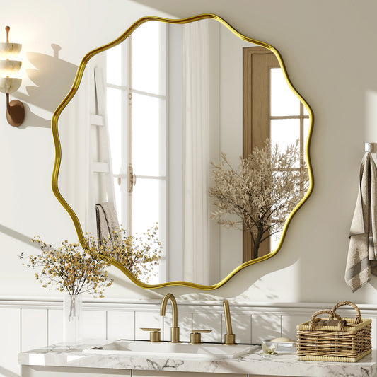 BEAUTYPEAK 24" Wavy Round Bathroom Mirror Decorative Wall Mirror with Deep Frame