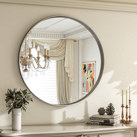 BEAUTYPEAK 24"x 24" Round Bathroom Mirror Circle Mirror With Deep Frame Wall Mounted,Black