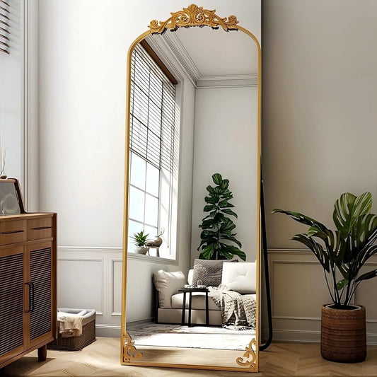 BEAUTYPEAK 74"x32" Full Length Mirror with Baroque Flower Head Design Wall-Mounted Mirror