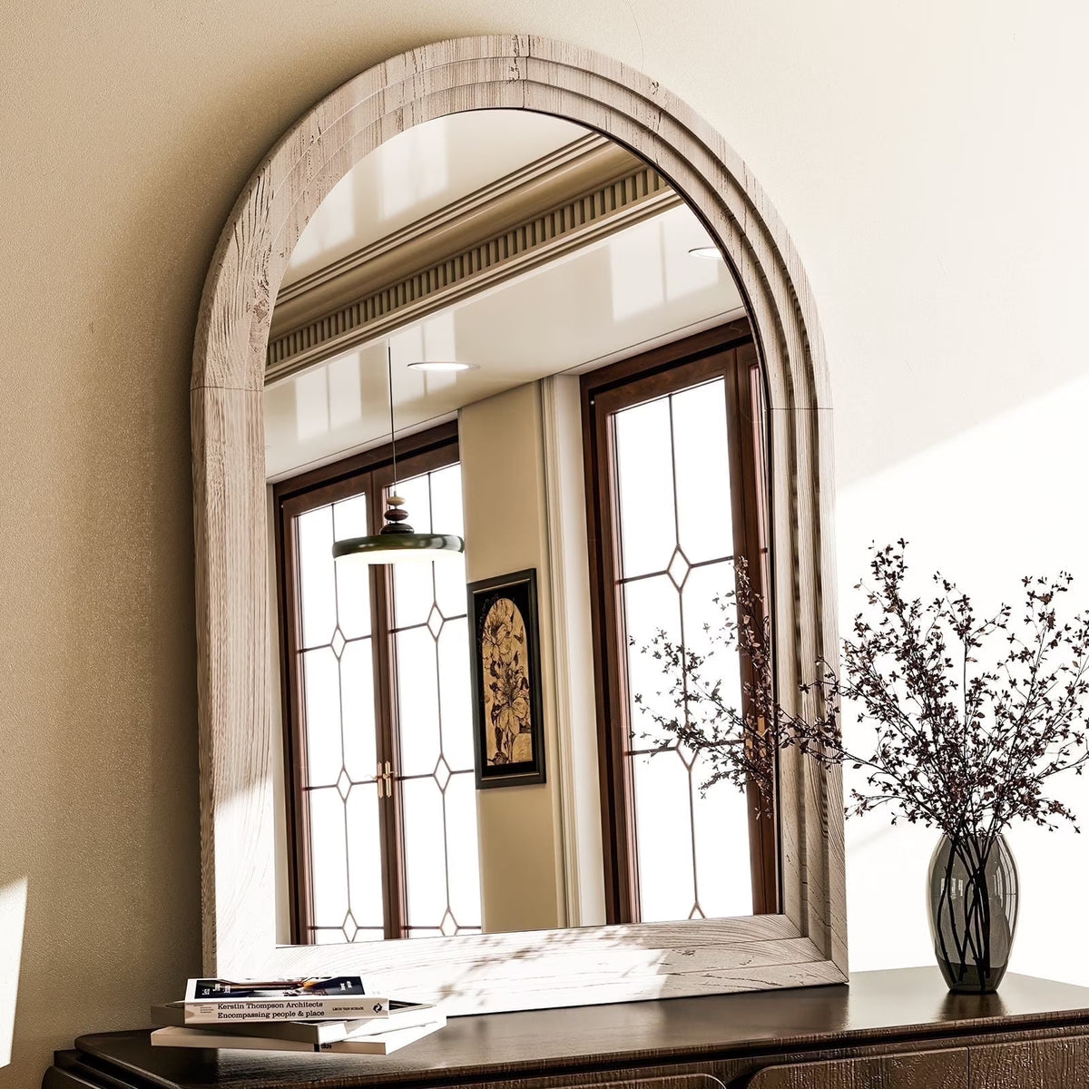 BEAUTYPEAK 36"x 24" Arched Bathroom Mirror Wall Mirror Wooden Frame