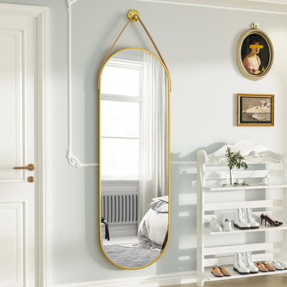 BEAUTYPEAK 48" x 16" Arched Full Length Mirror Hanging Wall Mirrors with Leather Strap