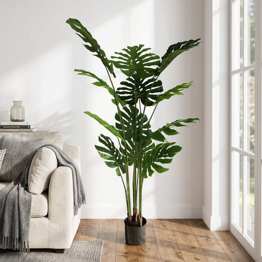 BEAUTYPEAK 4.6FT Artificial Plant Fake Indoor Monstera Plant Decorative Outdoor Greenery in Black Pot