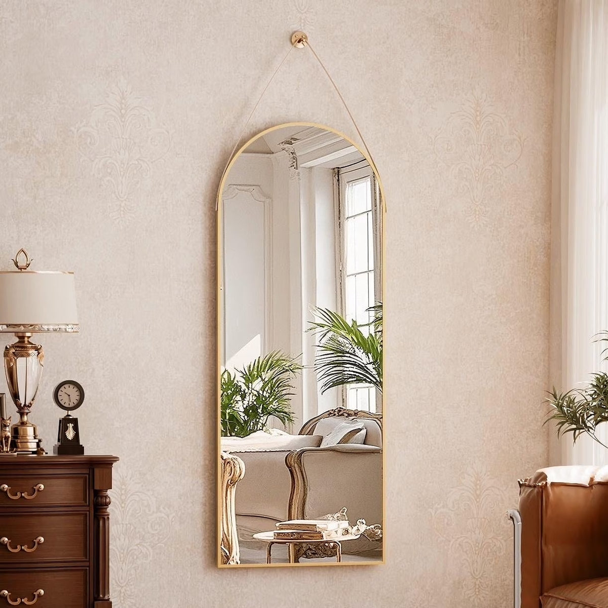 BEAUTYPEAK 48" x 16" Arched Full Length Mirror Hanging Wall Mirrors with Leather Strap, Gold