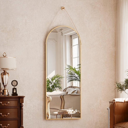 BEAUTYPEAK 48" x 16" Arched Full Length Mirror Hanging Wall Mirrors with Leather Strap, Gold