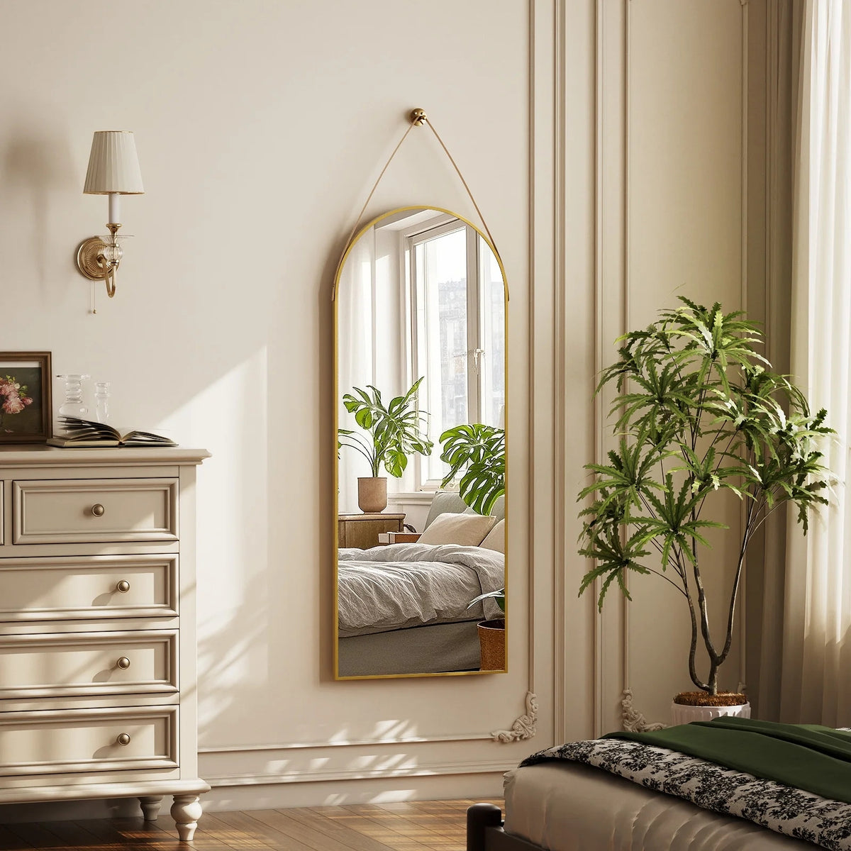 BEAUTYPEAK 48" x 16" Arched Full Length Mirror Hanging Wall Mirrors with Leather Strap, Gold